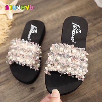 

Summer Children Sandals and Slippers Pearl Girls Princess Sandals Soft Bottom Non-slip Wear-resistant Kids Slippers Flats