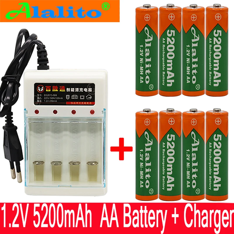 Alalito 1,2 V 5200mAh NI MH AA предварительно Заряженная NI-MH аккумуляторная батарея aa для игрушек камеры батареи для микрофона+ зарядное устройство