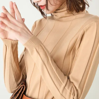 

SWYIVY Women Sweater Solid Color Knitted Pullovers Long Sleeve Turtleneck Sweaters Slim Bottoming Shirt Underwear Autumn Winter