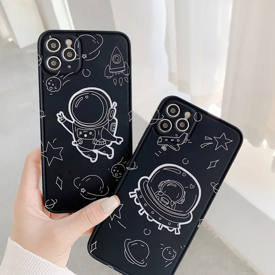 

Cute Cartoon Creative Astronaut Shockproof Soft Phone Case for iPhone 11 12 Pro XS Max XR 7 8 Plus Black Space Star Simple Cover