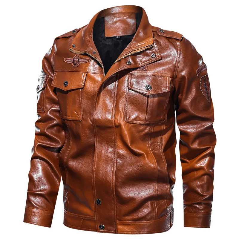 best leather jackets for men Men Zipper Motocycle Jacket Plus Size Coats New Fashion Mens Leather Jacket Military Chest Big Pockets Brown Leather Jacket vintage leather bomber jacket Casual Faux Leather