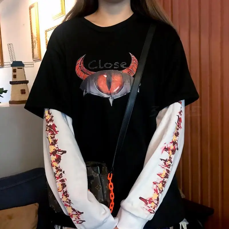 

NiceMix new korean Casual Loose Fake two pieces t shirt Long sleeve Print Patchwork Women Tops Couple T-Shirts harajuku tshirt
