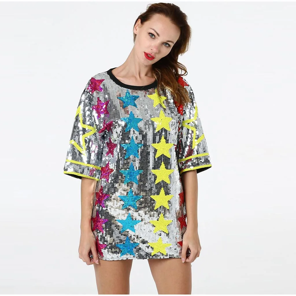 Womail Fashion женские блузы блестками, одежда с круглым вырезом и принтом Блузки с короткими рукавами Повседневное свободные вечерние Производительность женская рубашка