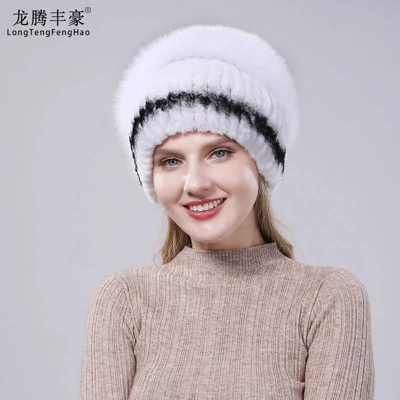 

New Fluffy Good Elastic 100% Natural Rex Rabbit Fur Hat Women Winter Knitted Real Sliver Fox Fur Cap Russian Lady Real Fur Hats