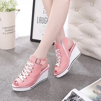 

2020 Summer Autumn New High Top Canvas Women's Fish Mouth Shoes Canvas Wedge Middle Heeled Sandals Plus Size
