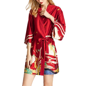 

Women Dunhuang Fresco Print Nightdress Three Quarter Sleeve V-Neck Sleepwear with Waist Straps