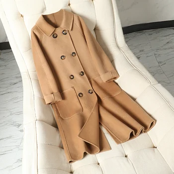 

Doll Collar Double Breasted Wool Coat Elegant Solid Color Mid-Length Women Coats 2020 Female Autumn Winter Warm Coats