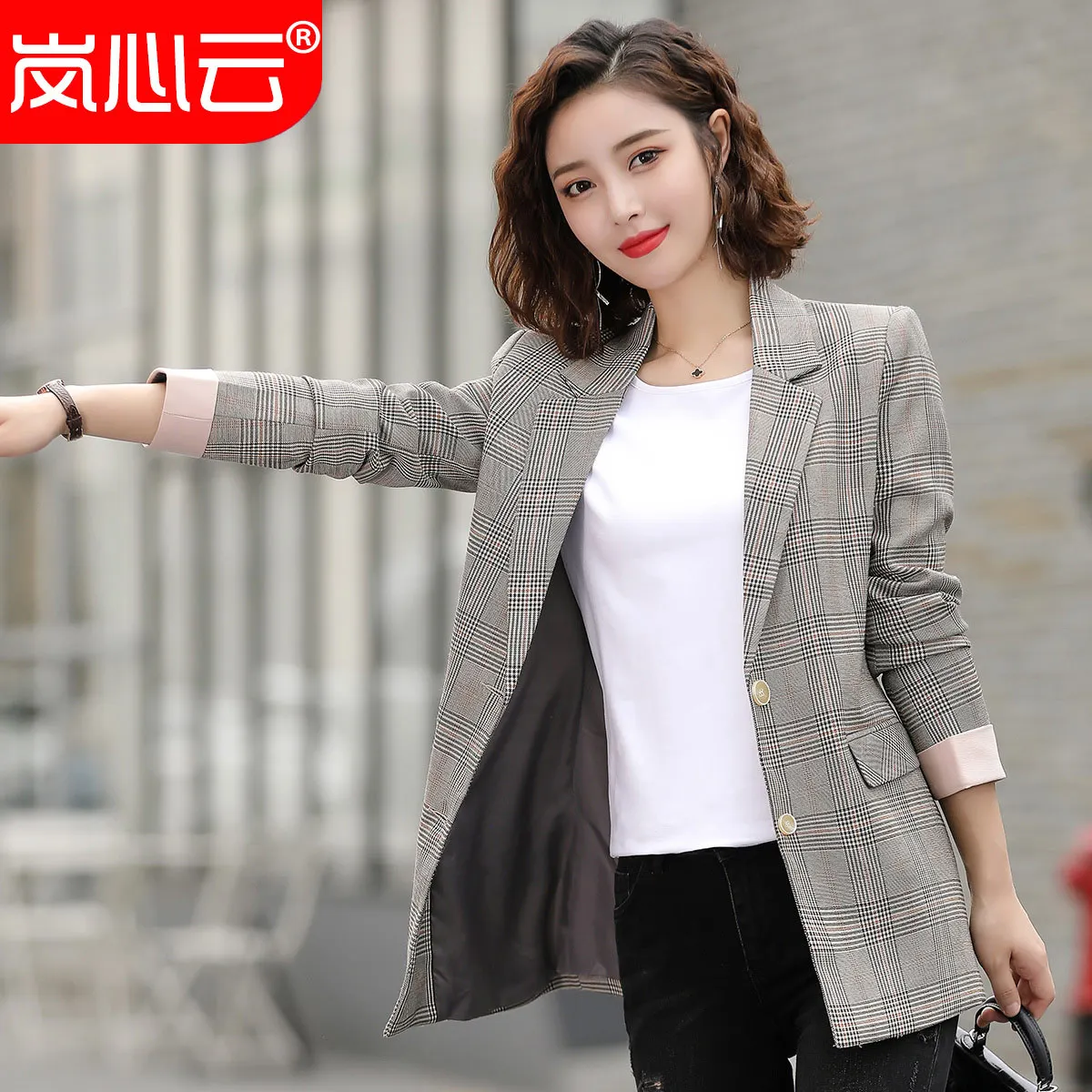 

Autumn And Winter Korean-style Mid-length Plaid Small Suit Coat Women Wear Long Sleeve Suit Women's Versatile Slim Fit