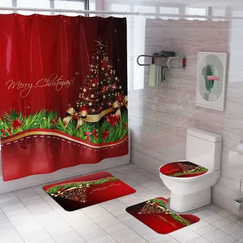 

4Pcs Christmas Bathroom Shower Curtain Set Waterproof Pedestal Non Slip Rug Toilet Cover Mat Carpet Bathroom Accessories