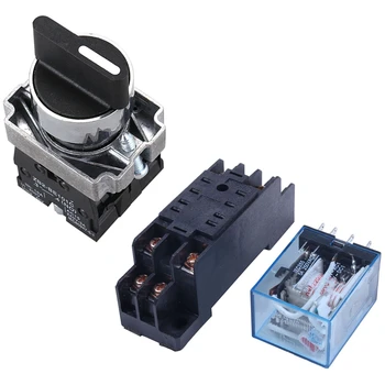 

220/240V AC Coil DPDT Power Relay MY2NJ 8 Pin With Socket & 22mm Latching 2 NO 3-Position Rotary Selector Select Switch