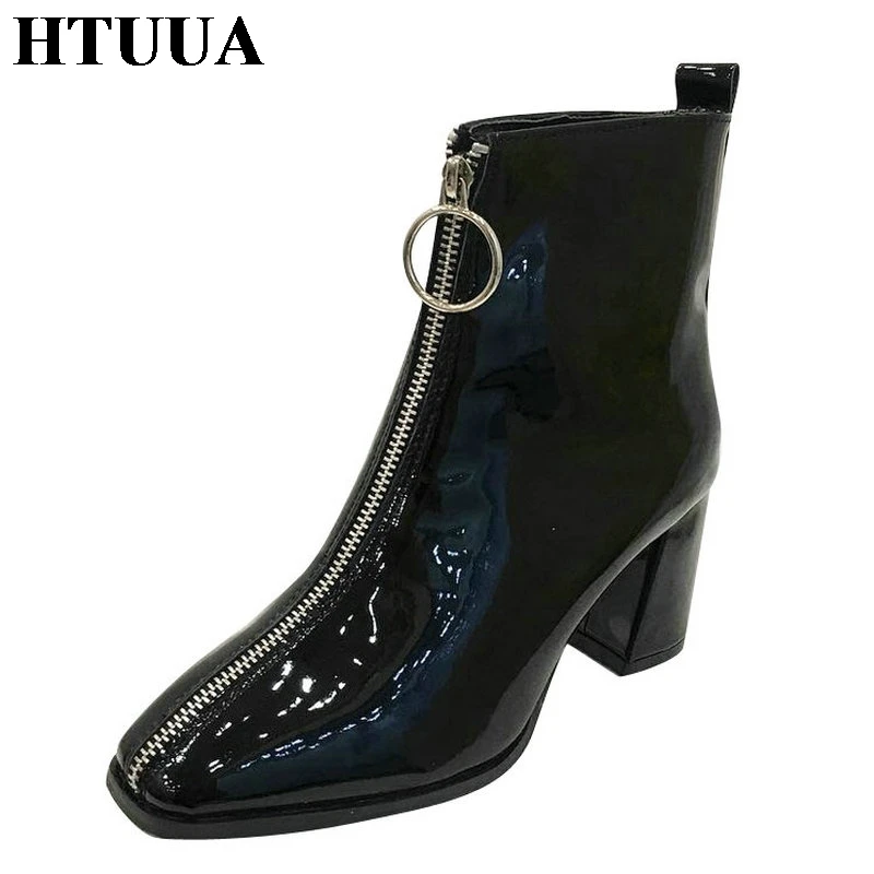 

HTUUA Retro Patent Leather Square Toe Autumn Winter Ankle Boots Women High Heels Short Boots Concise Ladies Shoes booties SX3207