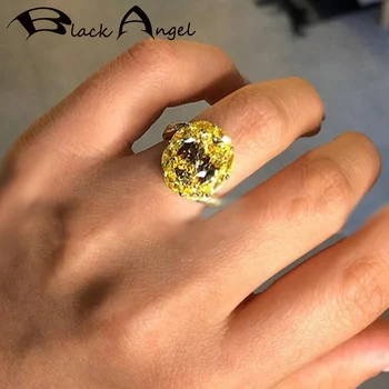 

BLACK ANGEL Fashion 925 Silver Shiny Bling Inset Luxury Large Citrine CZ Gemstone Ring for Women Wedding Jewelry Christmas Gift