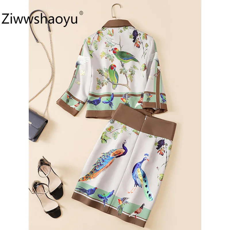 Ziwwshaoyu мультфильм животных принтованный костюм с юбкой для женщин Половина рукава однобортный пиджак+ Высокая талия юбка осенний комплект из двух предметов