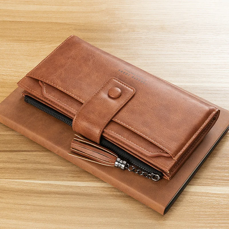 Кожаный женский кошелек с кисточками на молнии, сумка для телефона, кошелек, Длинный кошелек для монет с несколькими картами, Дамский модный клатч с пряжкой, сумочка для денег, кошельки - Цвет: Brown