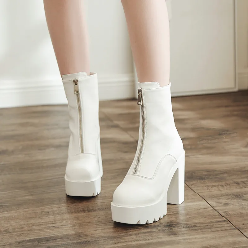 

YMECHIC 2019 White Black Punk Platform Woman Shoes Block High Heels Gothic Rock Biker Ankle Boots Winter Ladies Shoes Bootie 39