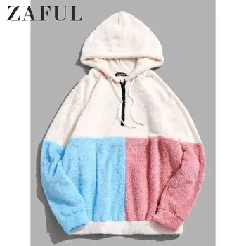 

ZAFUL Colorblock Half Zip Fluffy Hoodie 2019 New Drawstring Fuzzy Pullover Patchwork Streetwear Cotton Tops Solid Women Hoodies