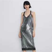 ZA Весенняя Новая женская юбка с блестками, модная Кружевная декоративная юбка с бисером, женская сексуальная стрейчевая прямая юбка, вечерние юбки