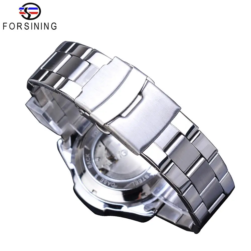 Forsining Men Fashion Mechanical Watch White Automatic 3 Sub Dial Multifunction Calendar Full Stainless Steel Belts Montre Homme