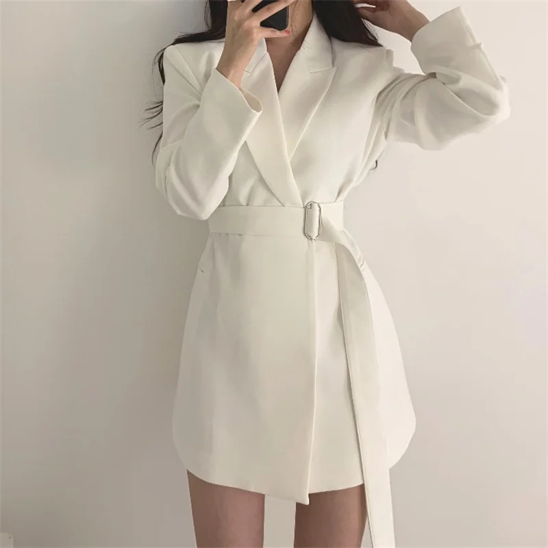 

Sashes White Black Women's Suit Lady Fashion Blazers Autumn Spring Slim Korean Style Mid-Length Casual Cotton Women Jacket