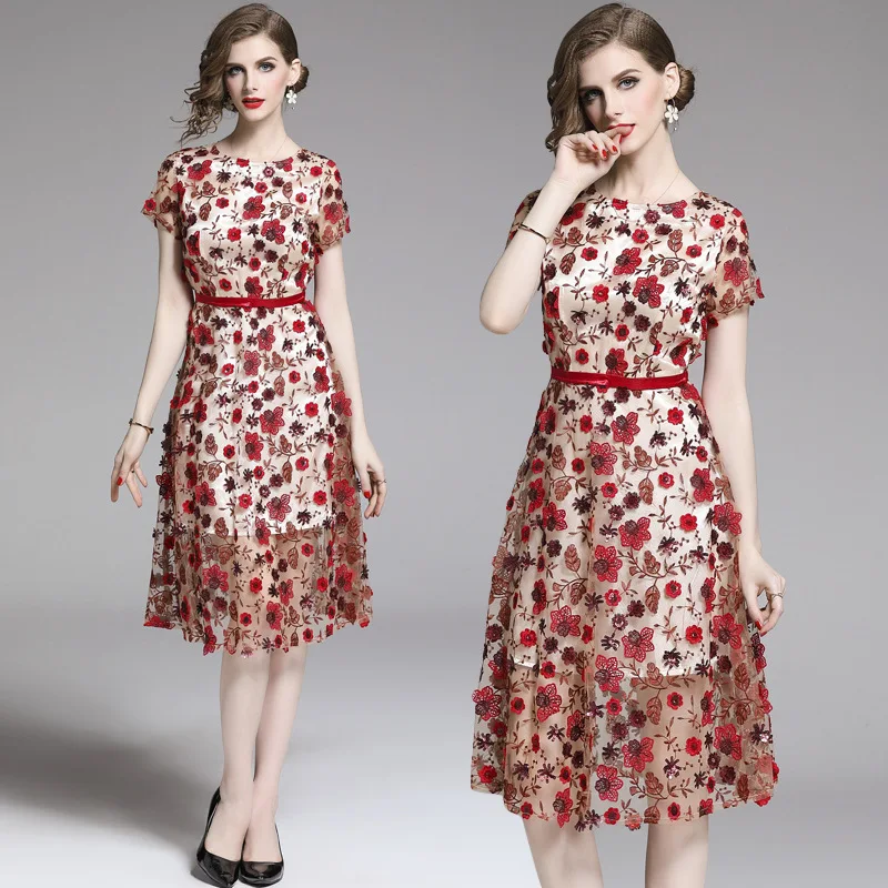 

2019 New Style Slimming Xian Qi Dreamy Debutante Stereo Flower Embroidered Sequin Gauze One Piece