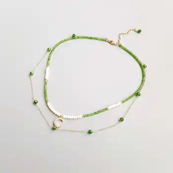 

LiiJi Unique Genuine Stone Diopside Freshwater Pearl Zircon Moon Charm GF Delicated Handmade Necklace 35cm+5cm