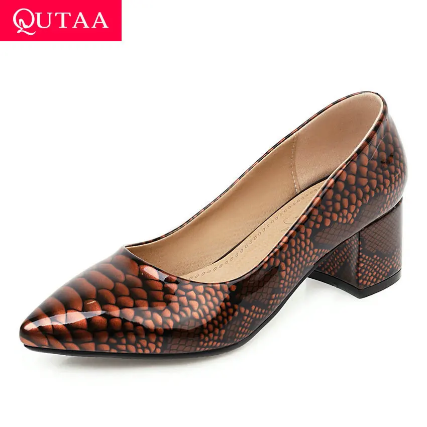

QUTAA 2020 Spring Autumn Square Heel Slip on Women Single Shoes Snakeskin PU Leather Pointed Toe Ladies Pumps Big Size 34-43