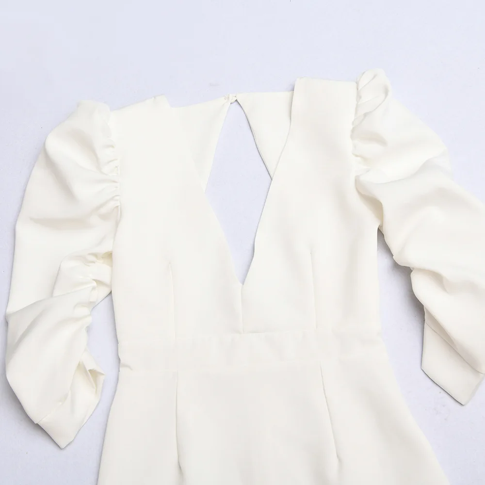 Арцу Белый Глубокий V образным вырезом Блейзер платье для женщин с пышными рукавами спинки Bodycon зимнее платье Элегантное сексуальное короткое вечернее платье vestidos