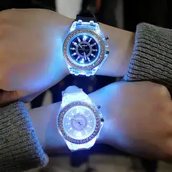 Спортивные женские наручные часы с резиновой лентой для девушек, конфетные часы, пара желе со стразами, светодиодный ночник, кварцевые