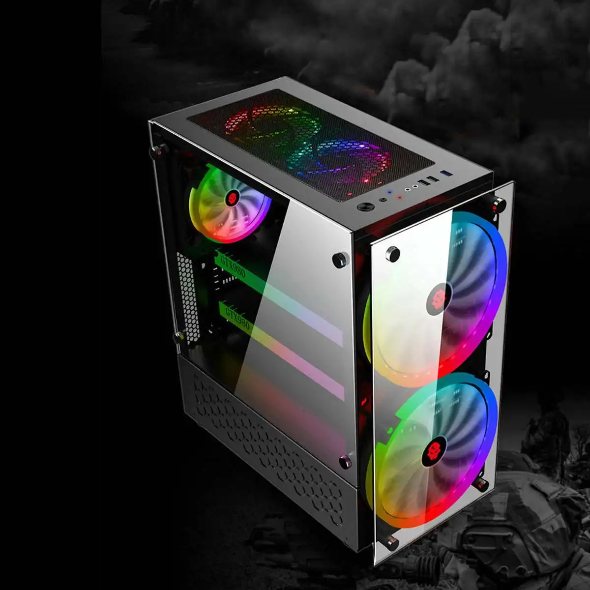LEORY ATX oyun su soğutma PC kasa çift taraflı temperli cam panelleri RGB  bilgisayar kasası ile 2 renk değiştiren Fan|Monitör Tutucu| - AliExpress