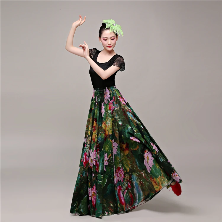 Цветочный принт лотоса большие качели для женщин испанский Фламенко юбка Роскошная элегантная праздничная одежда костюмы для бальных танцев живота платье DL5150