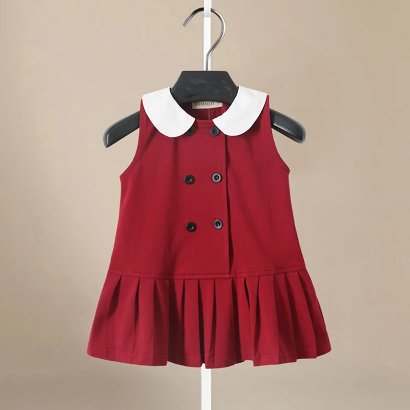 Buttons Baby Girl Dresses Preppy Style Sleeveless Cotton Pleated Sundress Summer Toddler Outfit 1 2 3 4 5 years | Детская одежда и