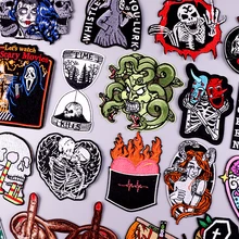 Hippie Embroidery Patches For Clothing Thermo Adhesive Patches Punk Skull Stickers Iron On Patches On Clothes DIY Striped Badge