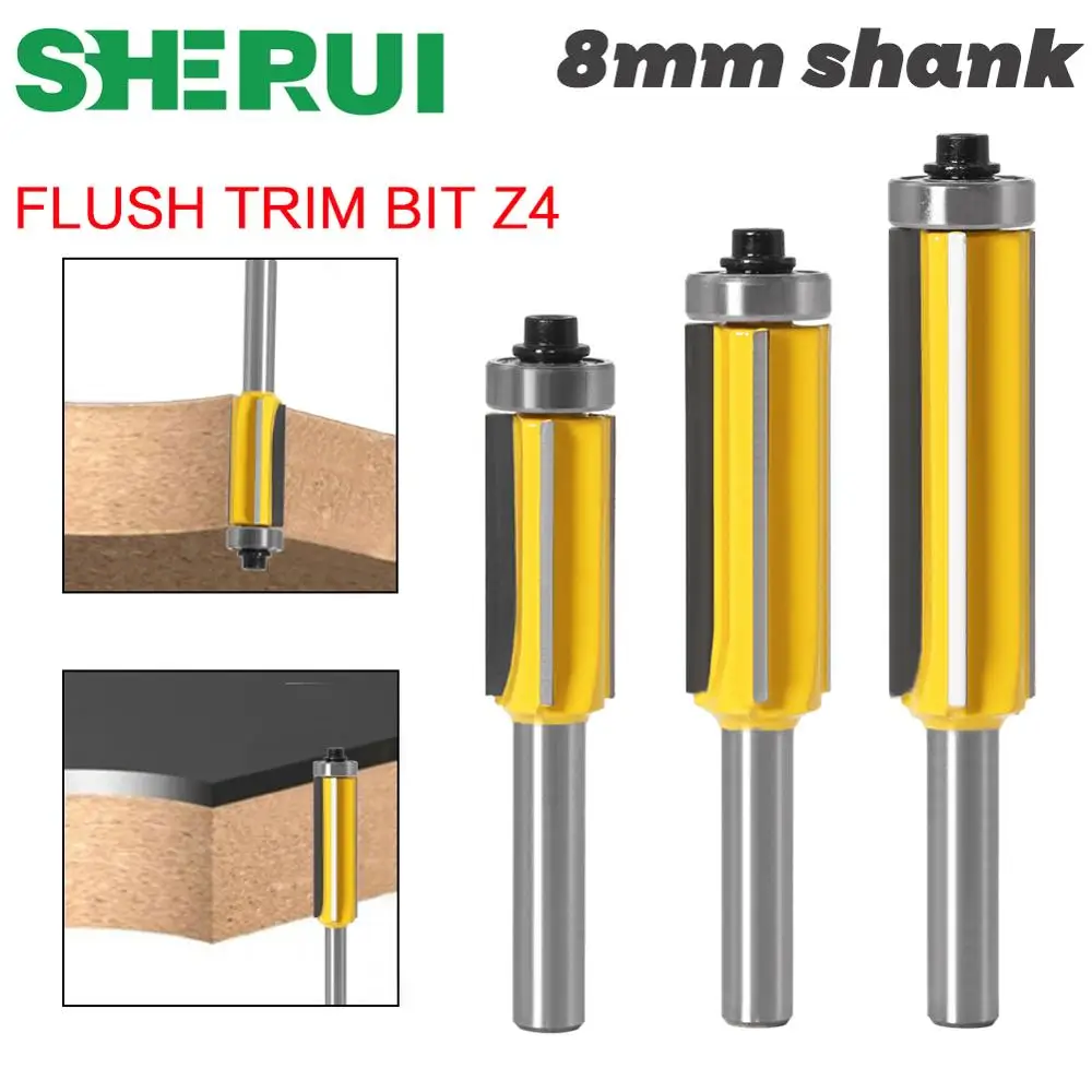 3pc 8mm Flush Trim bit Z4 Pattern Router Bit Top & Bottom Bearing Bits Milling Cutter