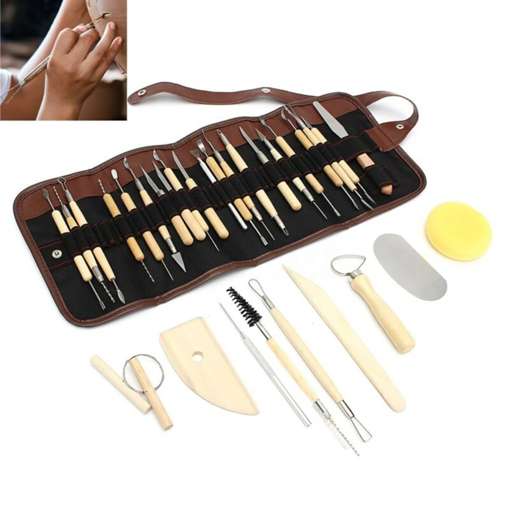 

31Pcs Roll Pottery Clay Sculpture Carving Sculpting Woodworking Tools Kit Modelling Ceramic Craft Tools DIY Kit