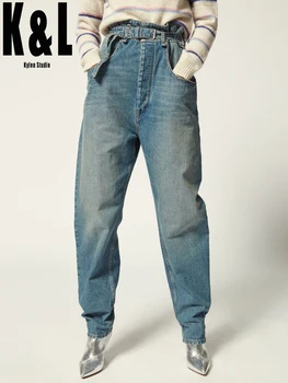 

Retro black high-waist tapered loose jeans women's autumn 2020 new style belted thin washed denim blue trousers IM