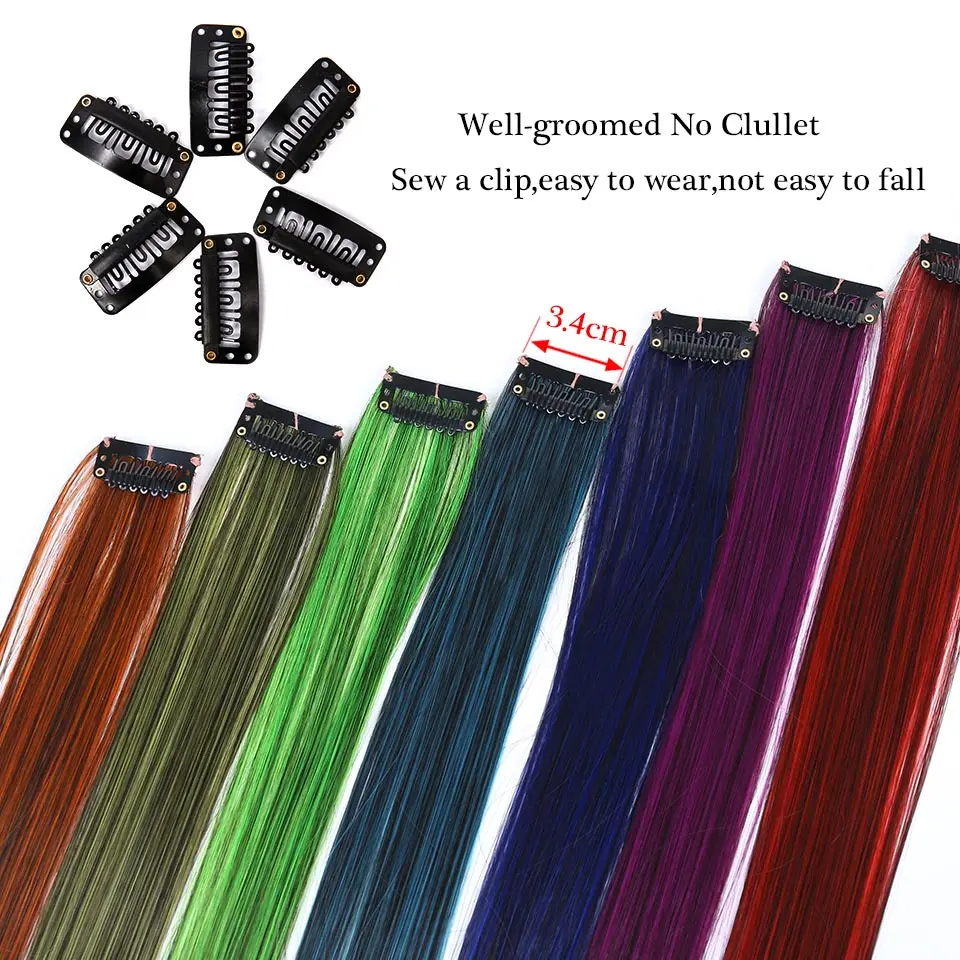 Lupu-peças de cabelo falso com clip sintético para mulheres, destaque do arco-íris, extensões de cabelo colorido, resistente ao calor