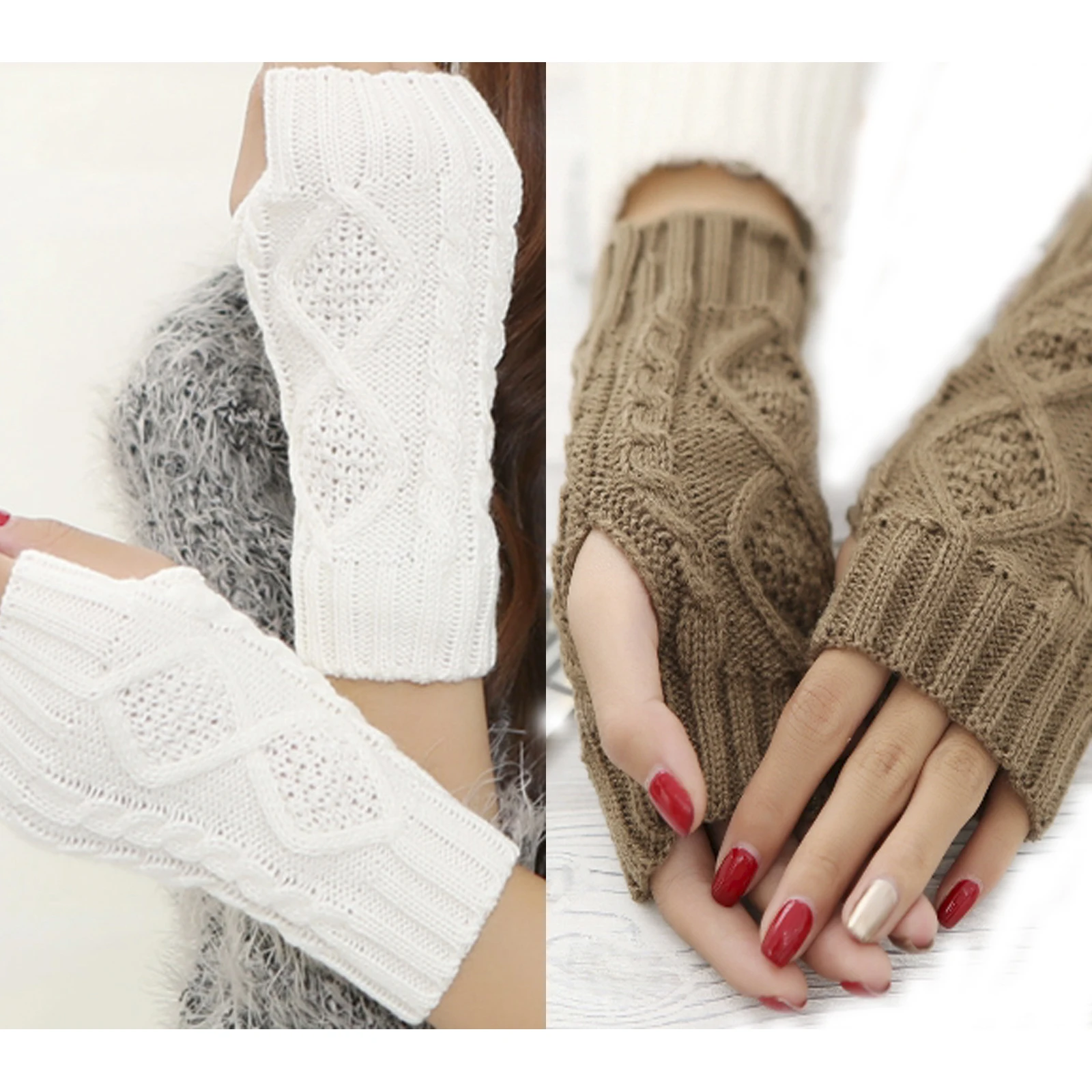 Women's Half Finger Gloves Diamond Rhombus Warm Gloves in autumn and winter Thickened knitted gloves