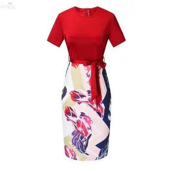 

Office Dress Pencil Patchwork Printed Korean Dress Short Sleeves Slim Ladies Dresses O-neck Sashes Work Dress Club Party Dress
