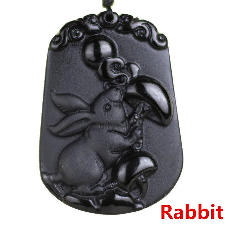 Черный кулон из обсидиана ручной работы, Прямая поставка, счастливый амулет, Китайский Зодиак, ожерелье с цепочкой для мужчин и женщин, подарок - Цвет камня: Rabbit