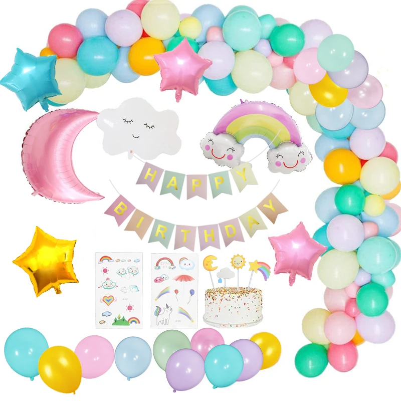 Decoration Fete D Anniversaire Anniversaire Ballons Theme Du Ciel Avec Banniere Happy Birthday Etoile Arc En Ciel Nuages Lune Soleil Ballon Pour Le Genre Revele Filles Garcon Femmes Fete Noel Ventelh