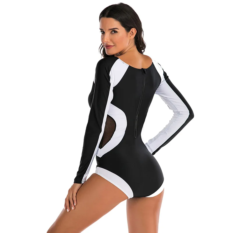 New See Through Long Sleeve Rash guards Women Mesh Swimwear One Piece Swimsuit Sports Surf Beach wear Bikini Bathing Suits