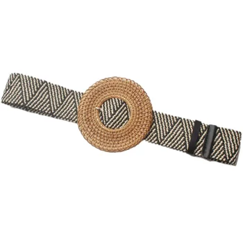 

Bohemian Concave Shape Exaggerated Hand-Woven Large Ring Pin Buckle Wax Rope Braided Elastic Wide Belt Girdle