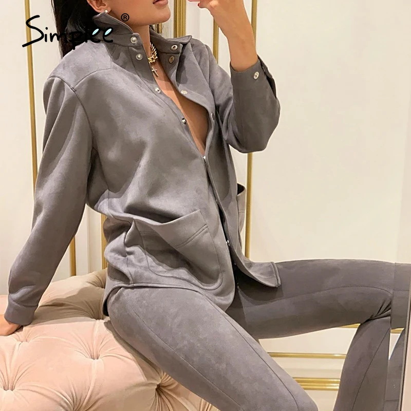 

Simplee Casual Suits Solid Light grey women Sets Tight fitting High street style Autumn winter office ladies women suits 2020