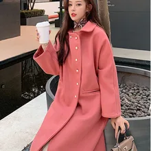 Элегантное длинное шерстяное осенне-зимнее женское пальто с бисером и пуговицами, теплое шерстяное пальто с длинным рукавом в Корейском стиле, розовое пальто Damen