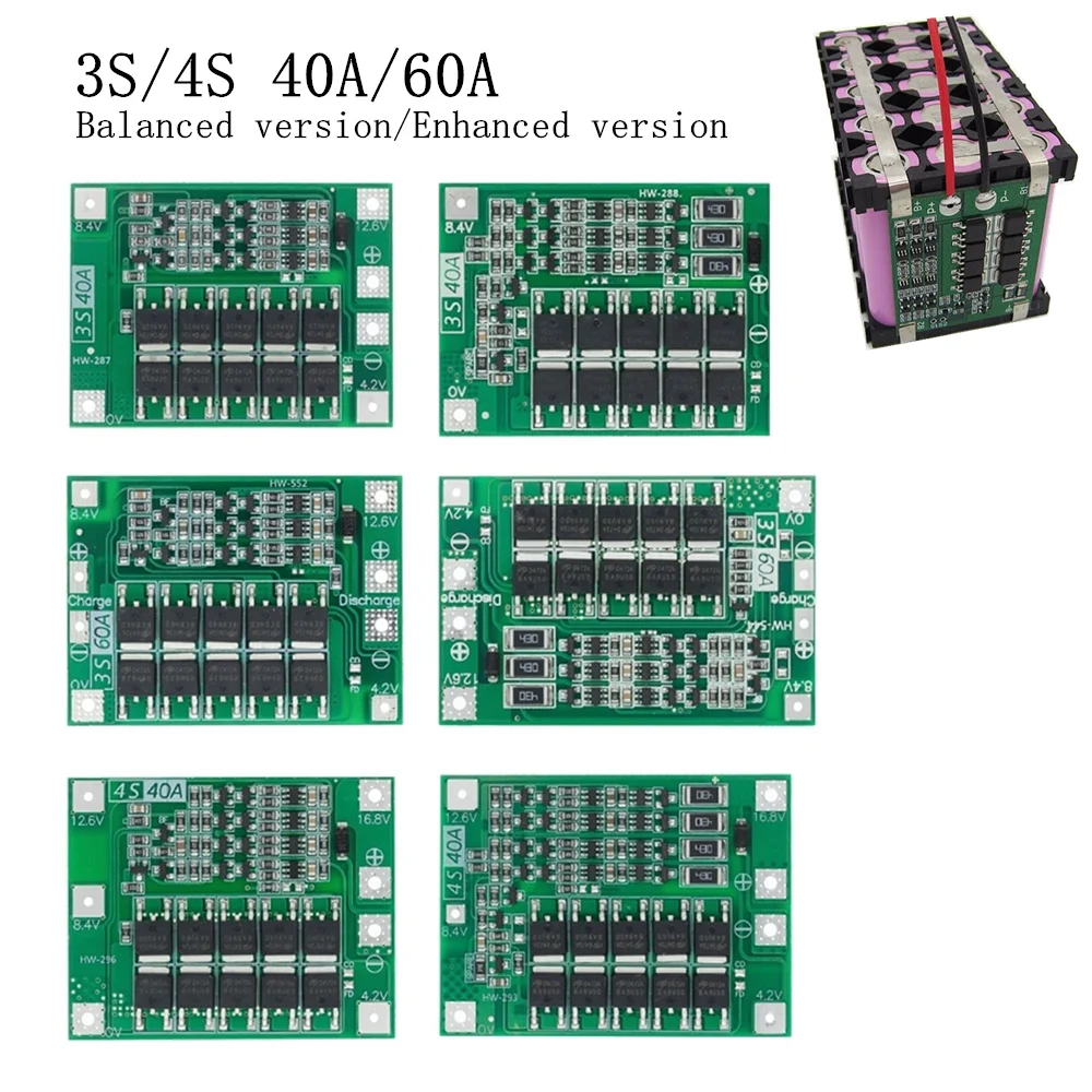 Защитная плата зарядного устройства литий-ионной батареи 3S 4S 40A 60A 18650 BMS для