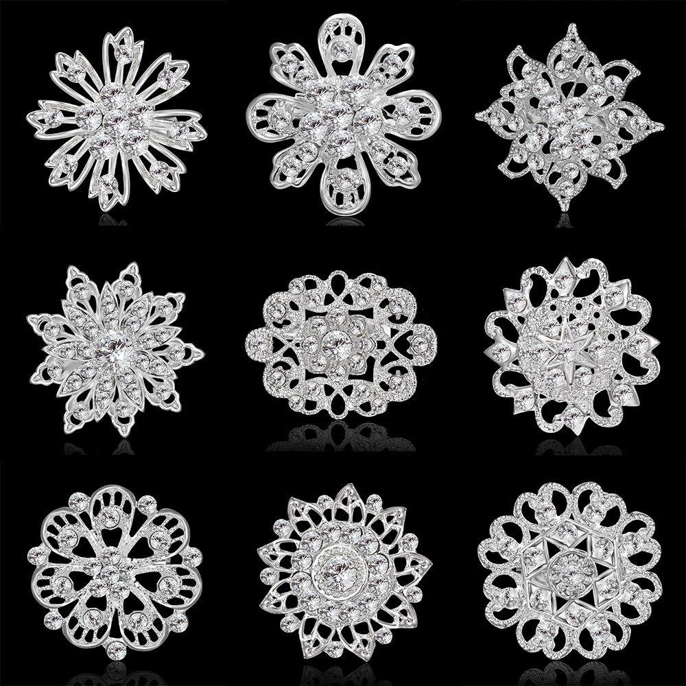 

Factory Direct Sale Crystal Rhinestones Silver Flower Brooches Bridal Wedding Bouquet Brooch Pins for Women in Assorted Designs