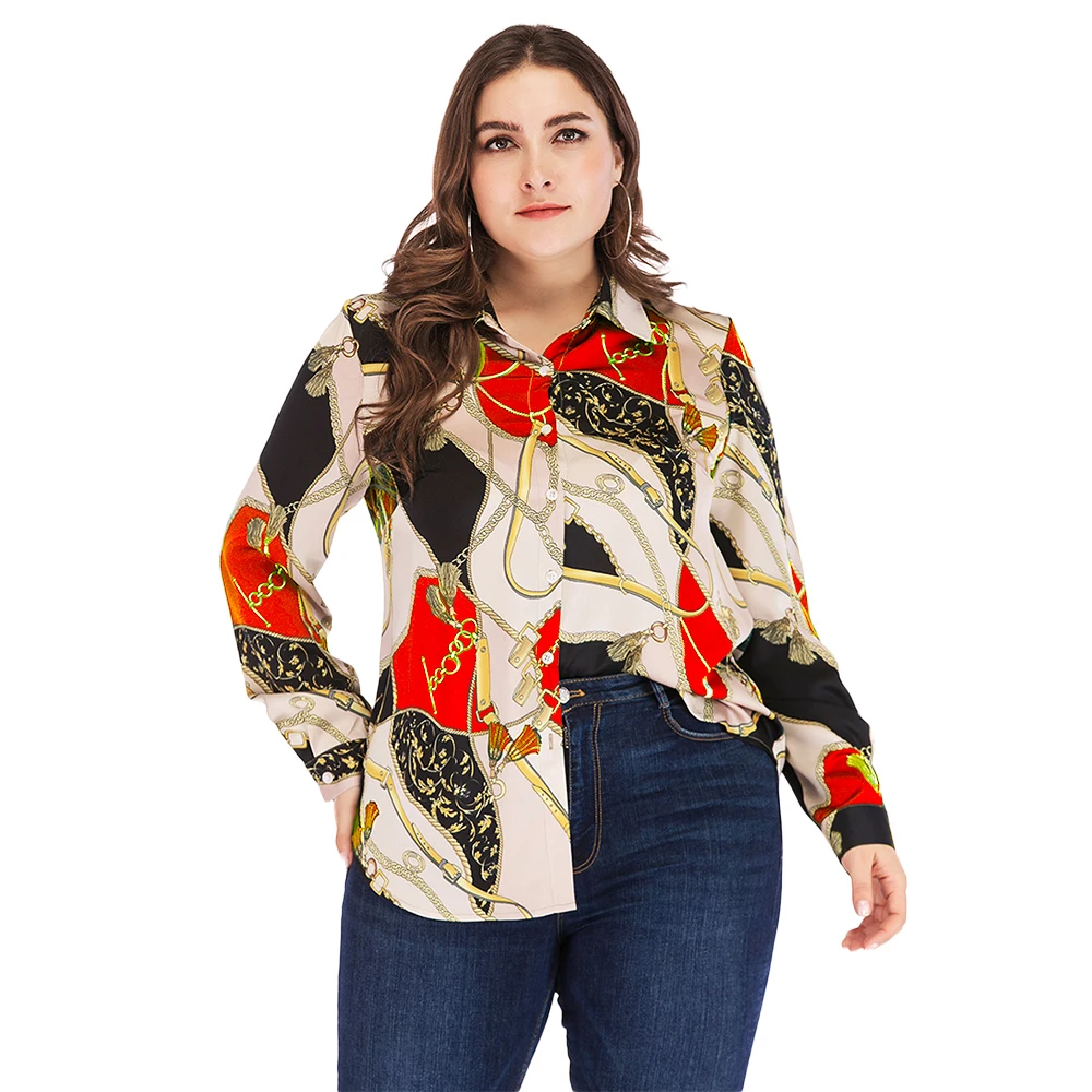 

Women Plus Size Blouse Geometric Printed Blusas Fashion Vintage Blouse Tops Long Sleeve camisas mujer Autumn Streetwear 5xl D30