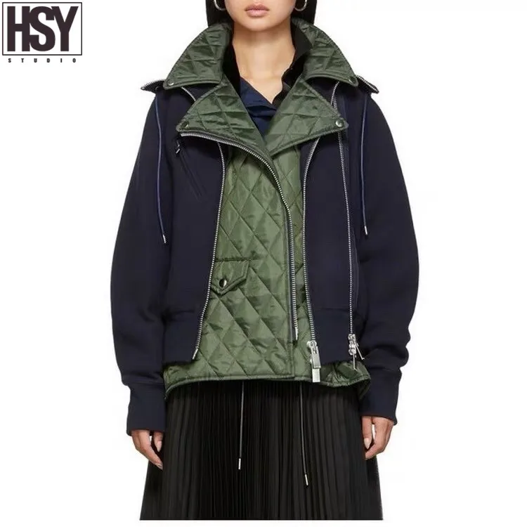【HSY】 Новая Осенняя модная Женская Стеганая мотоциклетная куртка космическая хлопковая Лоскутная имитация двух частей ромбическое пальто с капюшоном 2 цвета