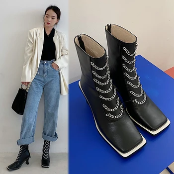 

Fashion Newest Genuine Leather Women Ankle Boots Female Square Toe Chain Thick High Heels Pumps Winter Party Shoes Woman