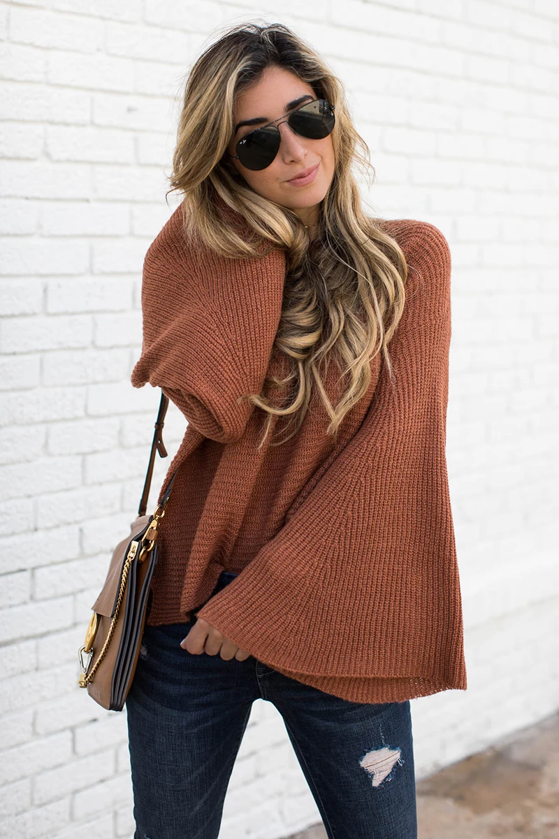 Trumpet Sleeve Fashion Ladies Sweater Knitwear Autumn and Winter Coffee Pullover Plus Size Women | Женская одежда